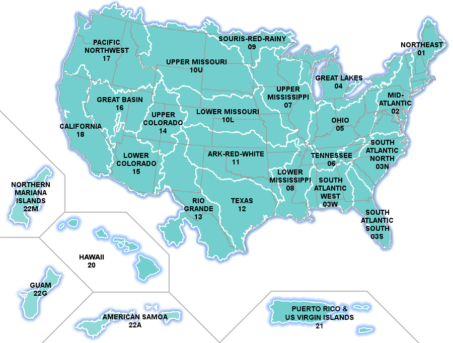 A map of the NHDPlus Version 2 vector processing units. Each unit contains a set of data.