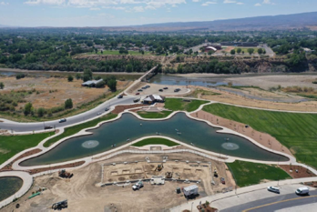 Aerial view looking south across butterfly lake, festival area and boat ramp.