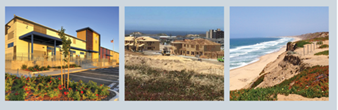 Three photographs, a building, several buildings on a beach, and dunes near the ocean