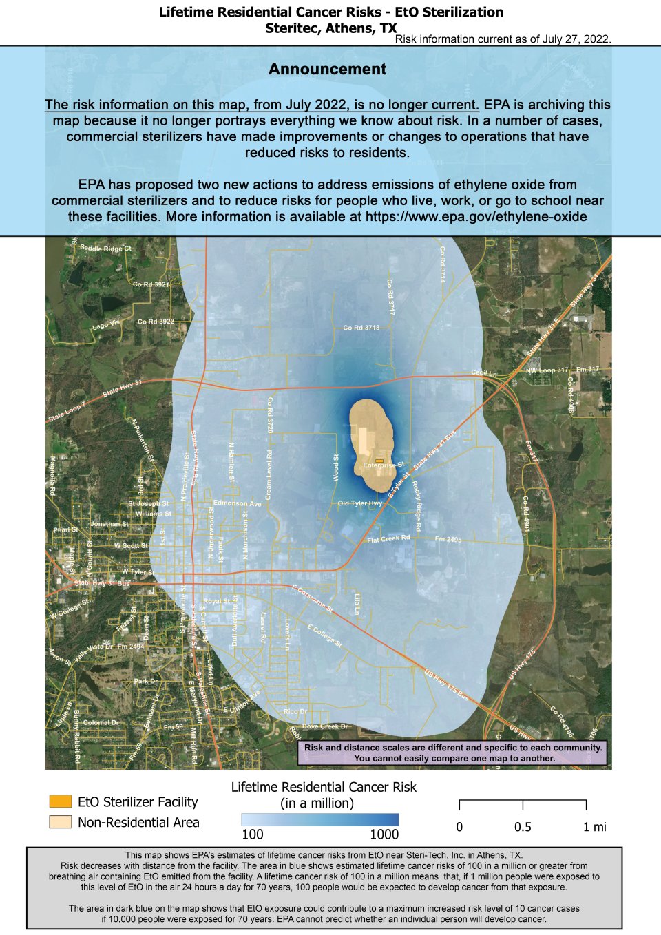 Este mapa muestra la estimación de la EPA de los riesgos de padecer cáncer de por vida por respirar óxido de etileno cerca de Steritec, Inc. ubicada en 1705 Enterprise St Athens, TX 75751. El riesgo estimado de padecer cáncer disminuye en la medida en que se mantenga una distancia con respecto a la instalación. En la zona más cercana a la instalación, el riesgo estimado de padecer cáncer de por vida es de 1000 por 1 millón de personas. El riesgo disminuye a 100 por un millón de personas y se extiende aproxi