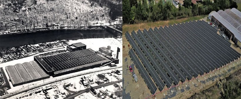 A before and after comparison of the original Goodyear Plant in 1961 (left) and a present-day aerial shot of the Goodyear site (right) is shown. Photo Credit: Windsor Vermont Historical Association (left) & Norwich Solar Technologies (right).