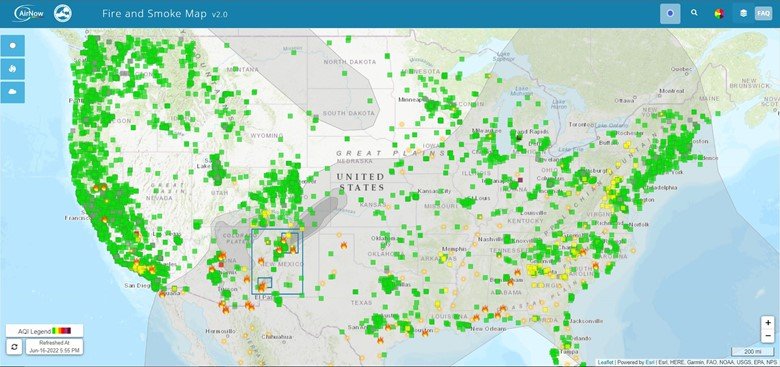 The AirNow Fire and Smoke Map showing the national network of PurpleAir sensors reporting air quality data. 