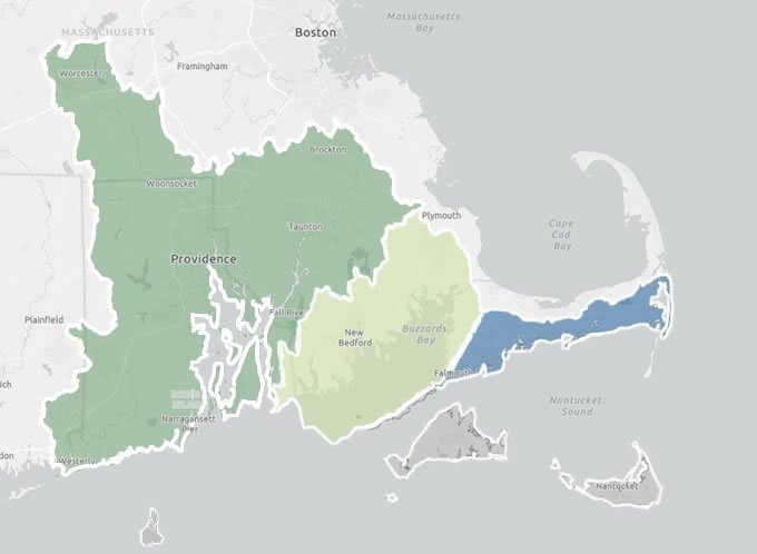 Map of highlighted regions of the Southeast New England Program