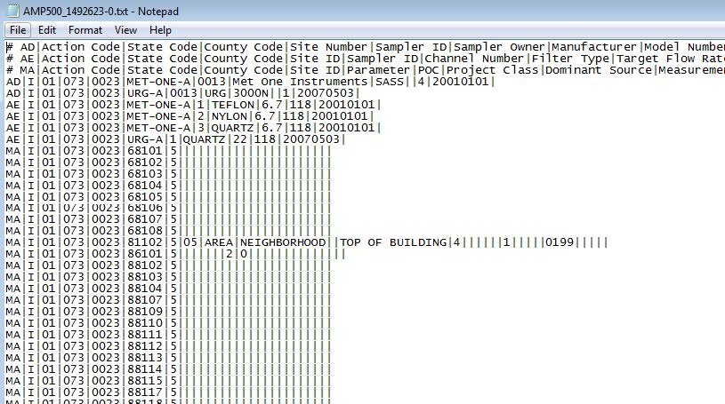 screenshot of the an example AMP500 output file from AQS