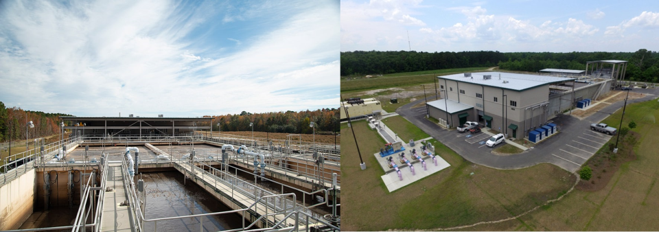 The figure contains two photographs of the new wastewater treatment plant and water reclamation facility. 