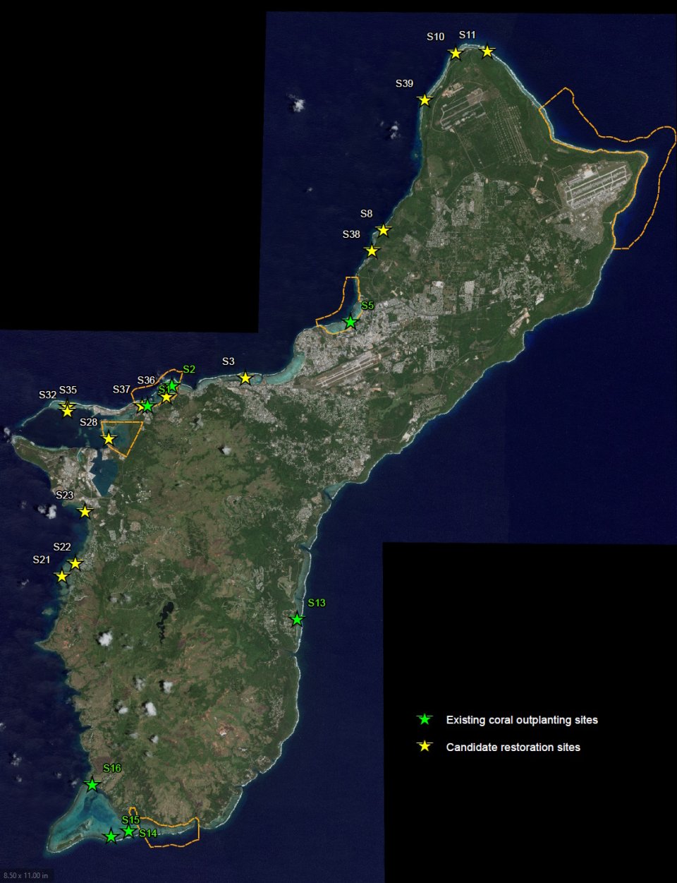 Aerial satellite view of location of restoration sites, clustered mostly on the western coast of Guam.