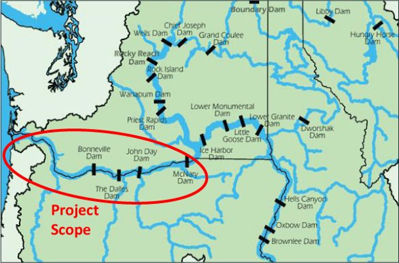 On a map of the Columbia River Watershed, the stretch from McNary Dam to the coast is circled as the geographic scope.