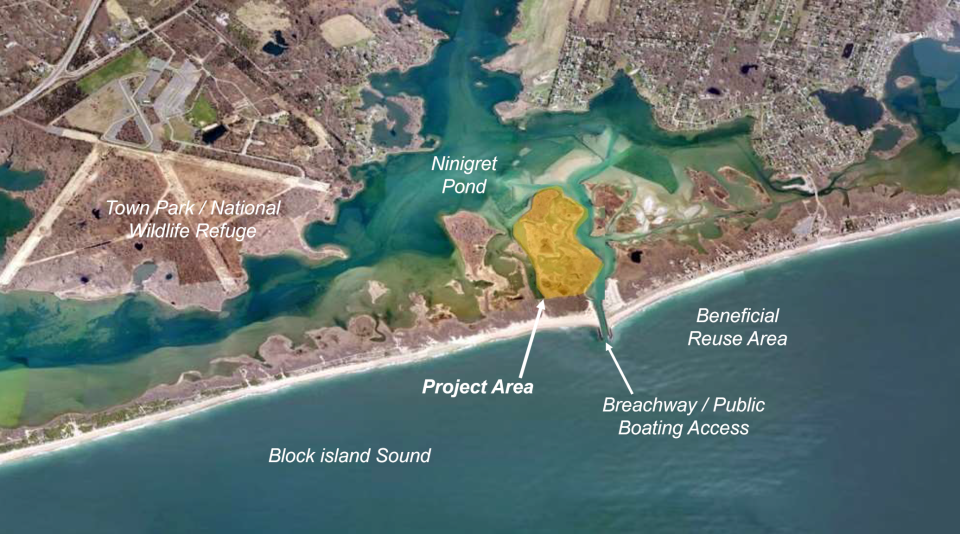 Aerial view of the project area showing the adjacent Ninigret Pond and coastline areas.