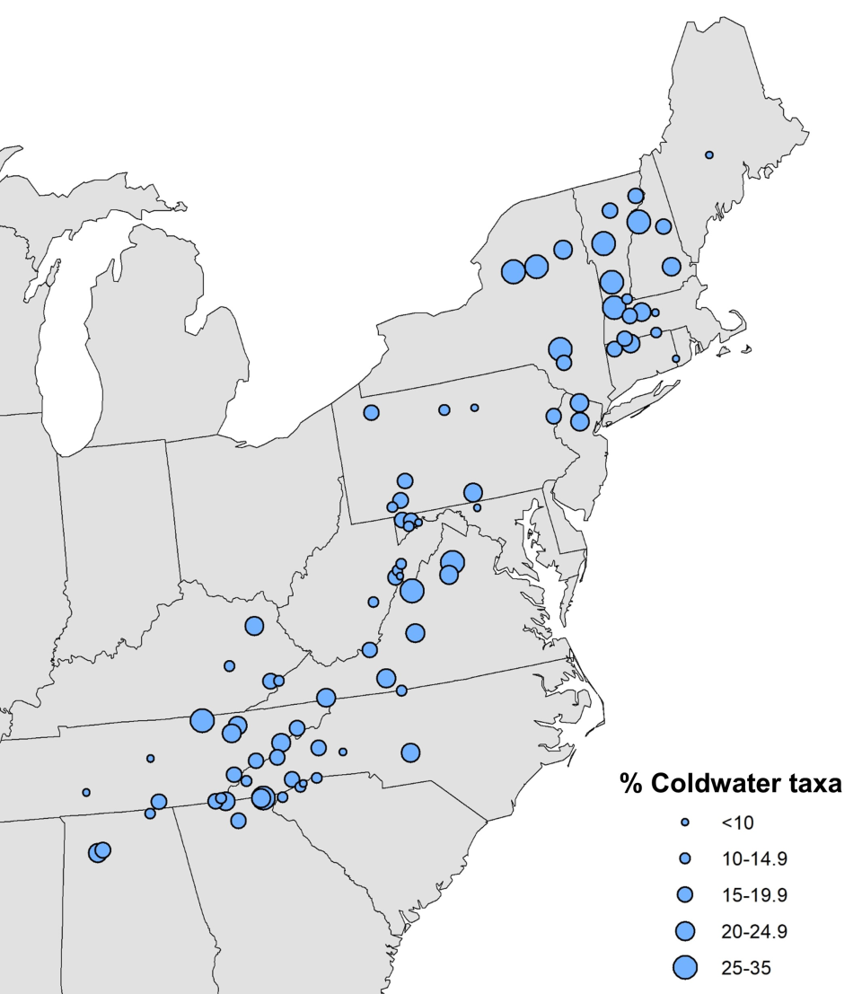 Percentages of cold water macroinvertebrate taxa are shown for sites in the eastern United States