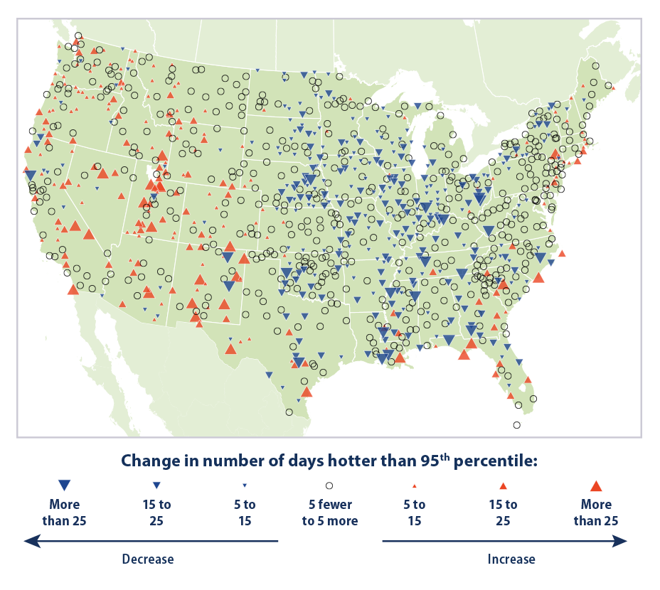 Map showing trends in unusually hot temperatures in the contiguous 48 states, based on the 95th percentile.