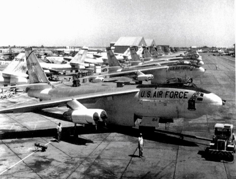 A black and white photo of rows of U.S. Air Force airplanes.