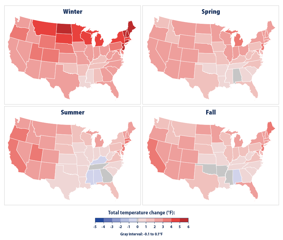 Map showing change in average temperature for each season for the contiguous 48 states from 1896 to 2023.