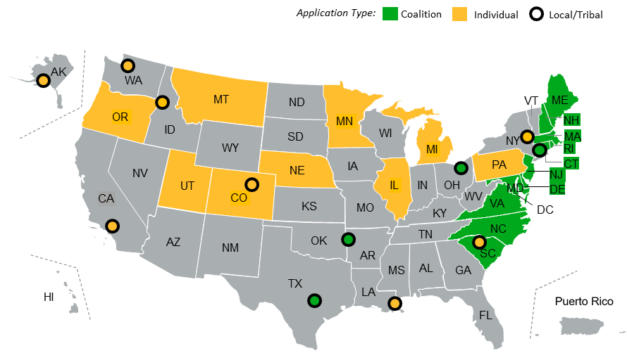 Map of the United States showing the geographic distribution of selected applications, showing states and localities with individual and coalition applicants