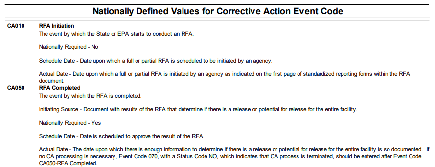 This is a screen shot of the first page of the Corrective Action Event Codes document.