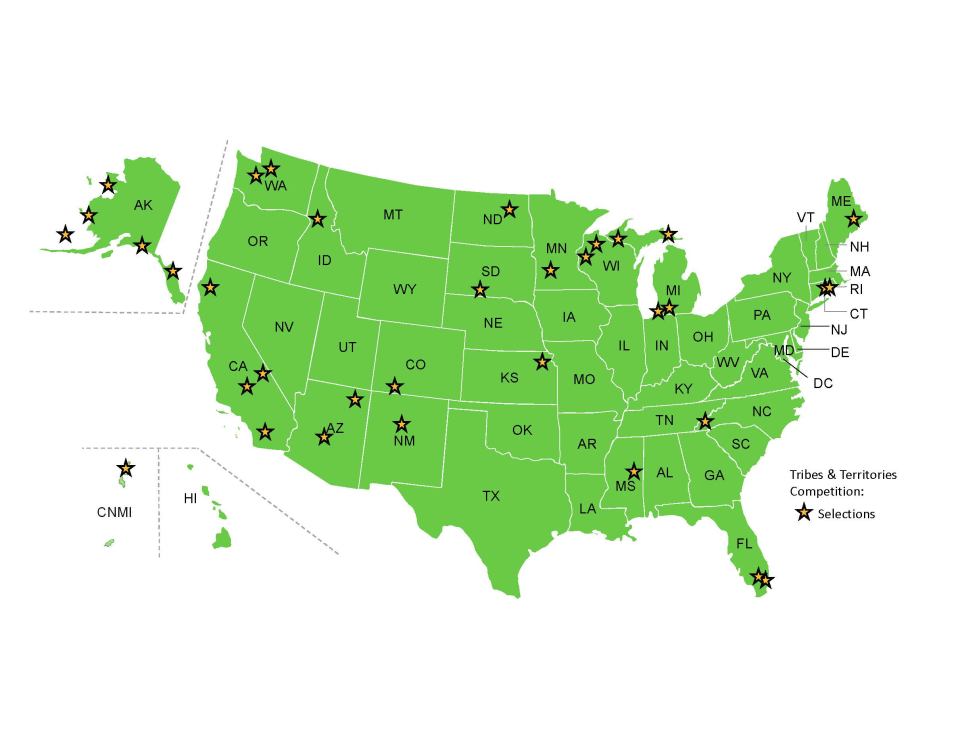 Map showing the location of selected applications for the CPRG Implementation Tribes and Territories Only competition