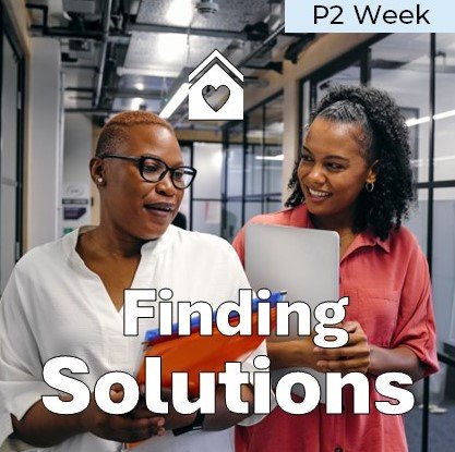 Graphic with two women and the words "finding solutions."