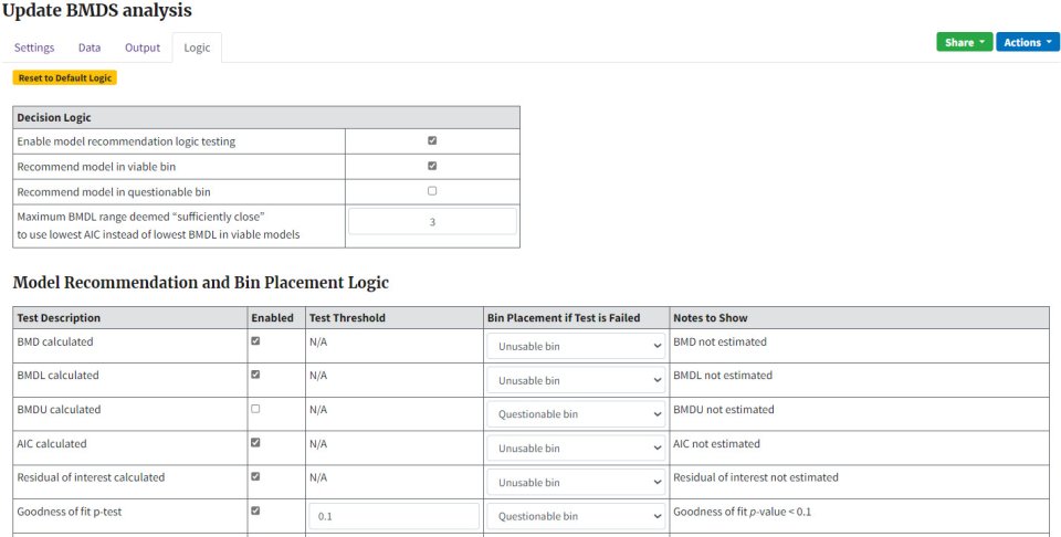 Logic tab showing table of model recommendation settings