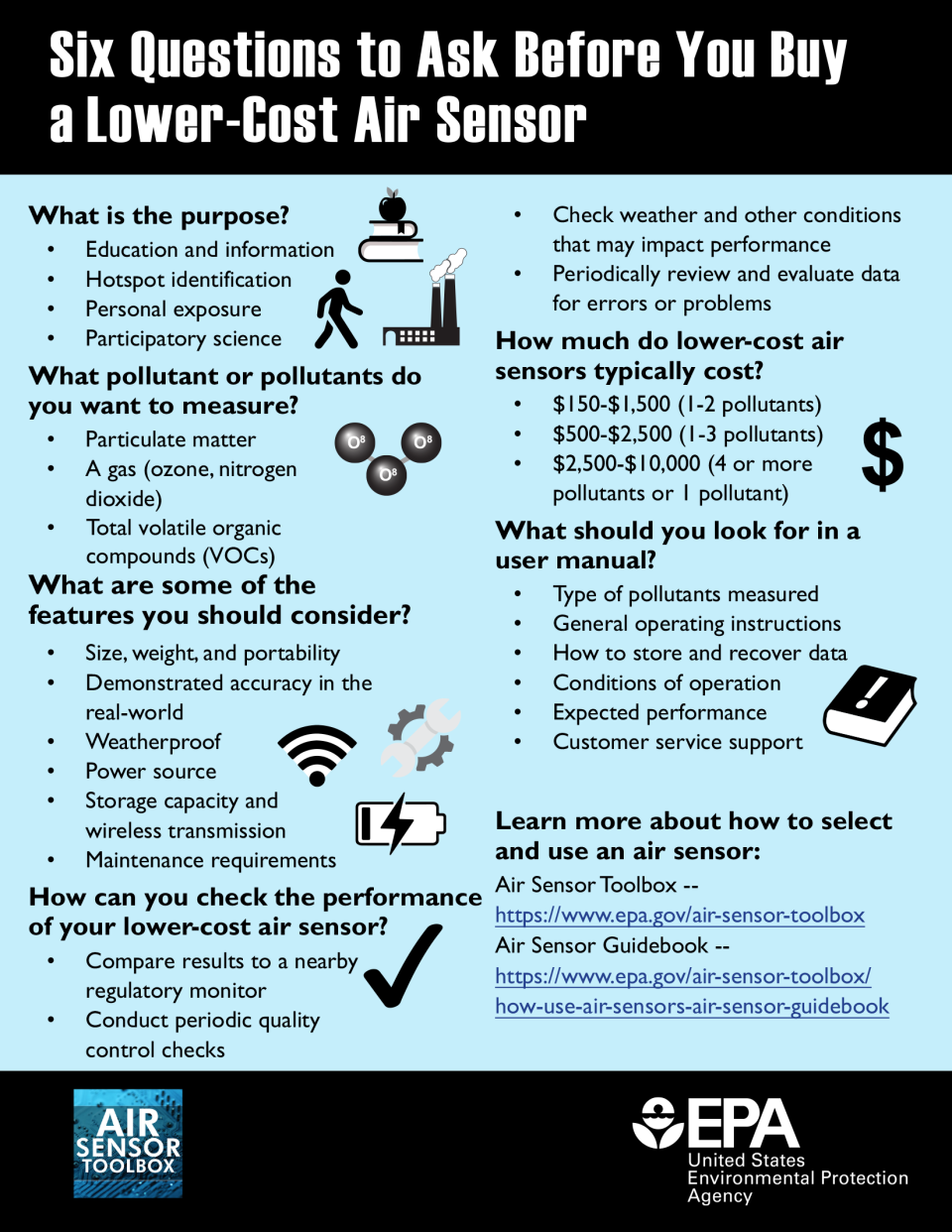 Short reference guide of key considerations outlined in the Guidebook that can help individuals with making decisions about selection and use of an air sensor monitor.