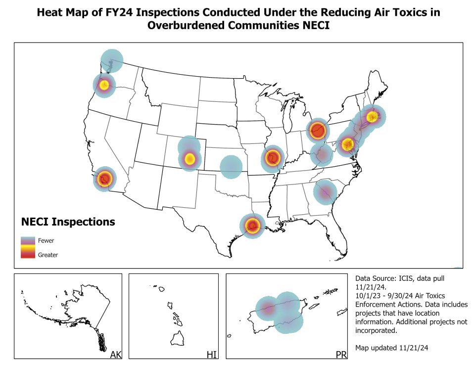 Heat Map of FY24 Inspections Conducted Under the Reducing Air Toxics in Overburdened Communities NECI