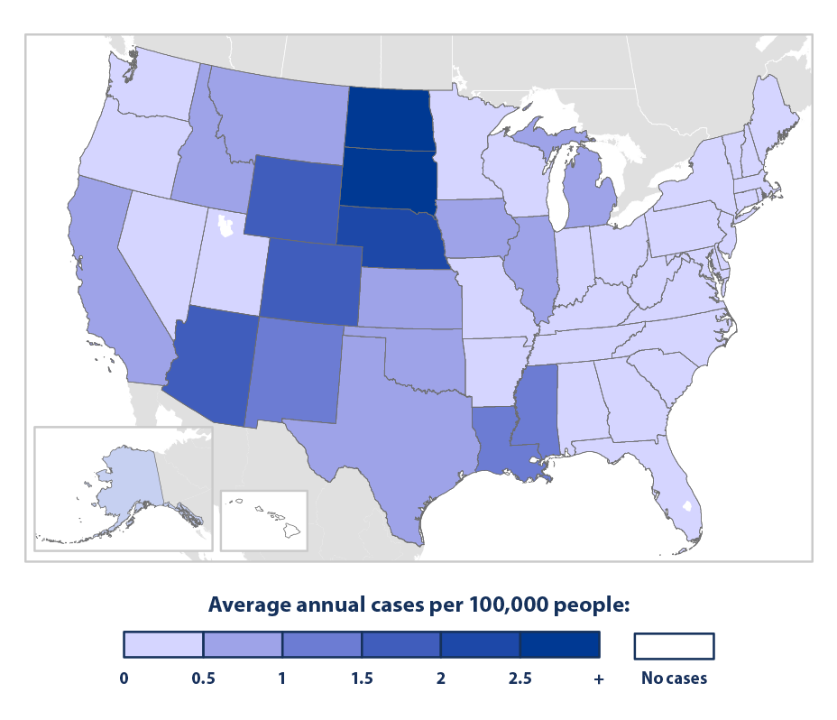 Color-coded map of the United States showing the average number of annual cases of neuroinvasive West Nile virus disease by state from 2002 to 2023.