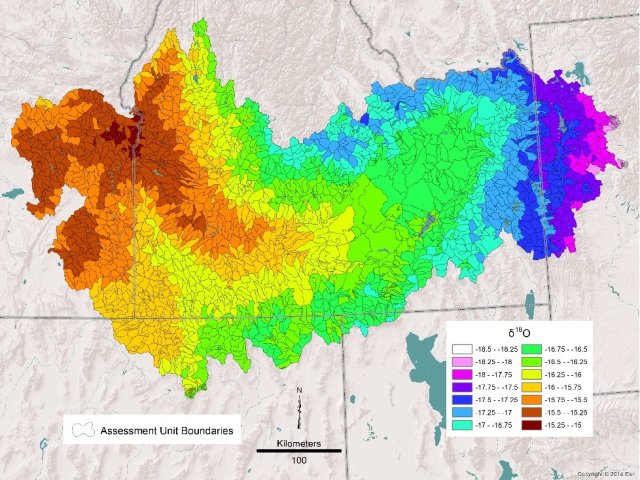 The isoscape of the Snake River across Idaho show the elevation source of the water to the river. Tetons in the east are the highest elevation (Windler et al. 2021).