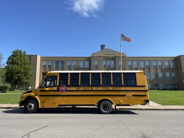 East Palestine school bus in front of East Palestine High School