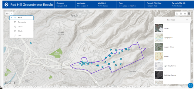 Screen capture showing the map interface of the Red Hill Groundwater Results Application