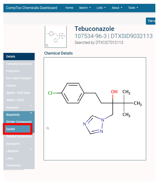 EPA CompTox Chemicals Dashboard with link to GenRA from a chemical page.