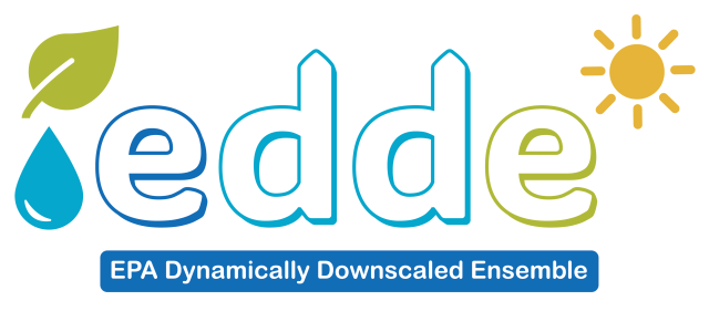 EPA Dynamically Downscaled Ensemble EDDE graphic identifier. "EDDE" in lowercase with a graphic of a leaf, a water drop, and the sun and "EPA Dynamically Downscaled Ensemble" spelled out underneath the acronym.