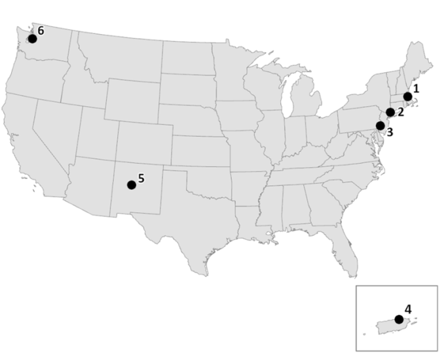 Map showing the six Artist in Residence pilot locations