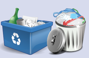 This is a drawing of a blue recycling bin with a bottle, a can, and some paper in it next to a metal trash can that has disposable gloves, masks, and other trash in it.