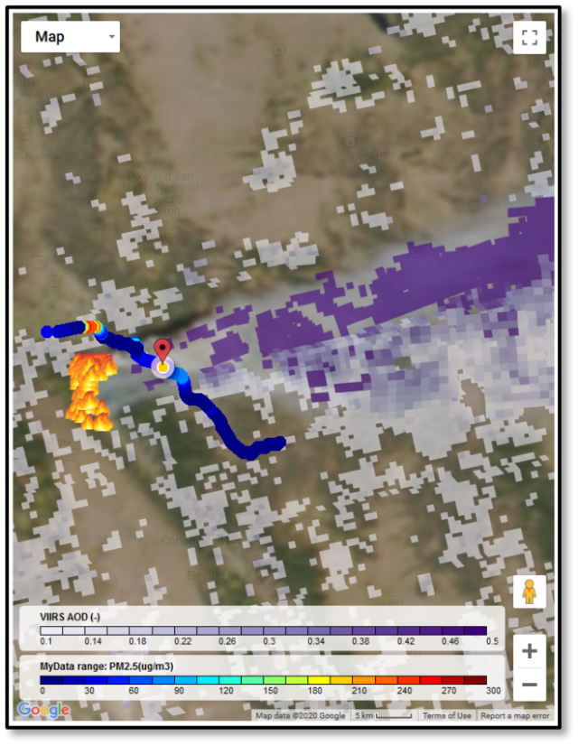 RETIGO interface with user data on a map and VIIRS satellite aerosol optical depth overlayed to show the smoke plume.