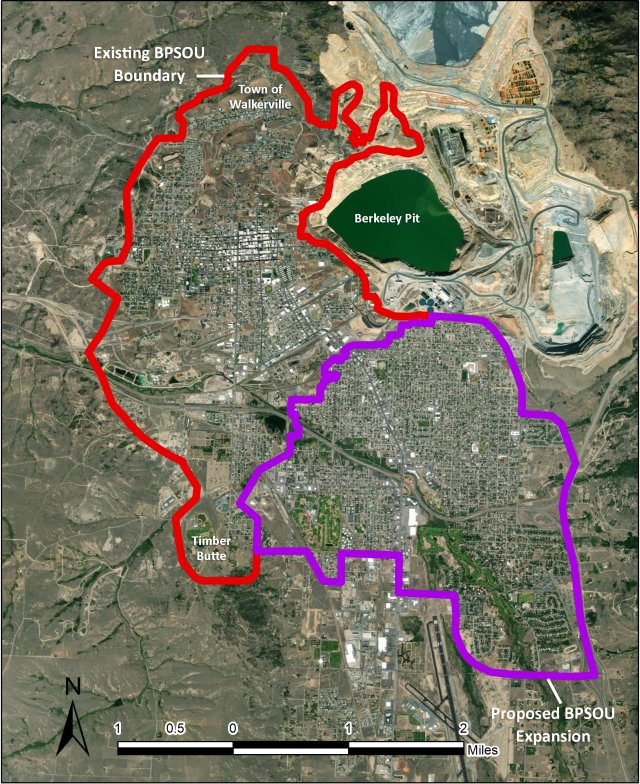 The existing BPSOU area, encompassing most of the Butte Hill, is outlined in red, while the proposed expanded area outlined in purple represents an eastward expansion of the boundary requiring mandatory sampling of soil and interior dust in Butte. 