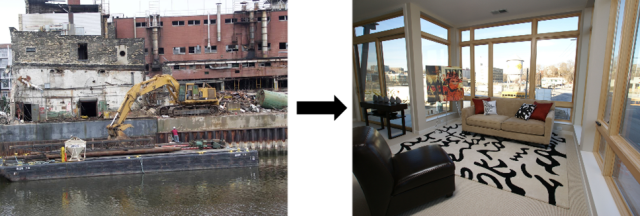 a before and after image of an empy lot and then an apartment 