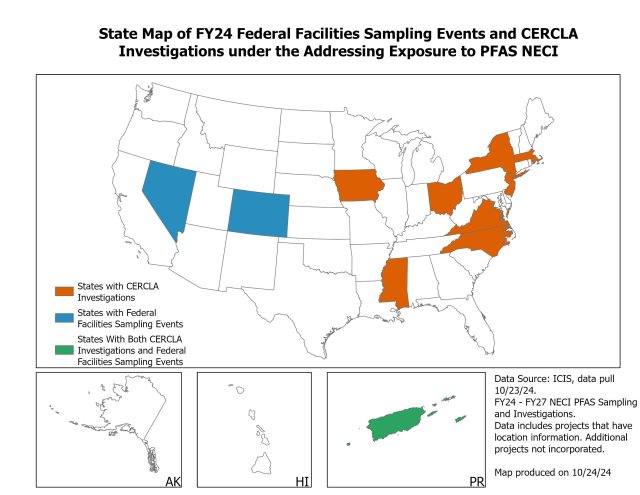 State map of FY24 Federal Facilities Sampling Events and CERCLA investigations under the Addressing Exposure to PFAS NECI.