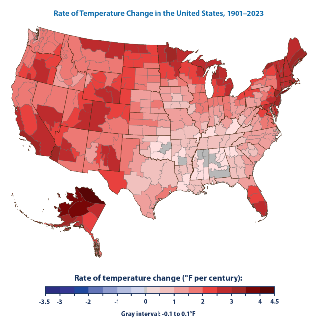 Map showing how annual average air temperatures have changed in different parts of the United States since the early 20th century.