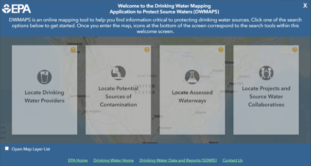 Welcome page of DWMAPS displays search tools for users to find information about drinking water sources.