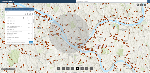 Results of a search for all facilities with permits to discharge materials upstream of a selected point near Pittsburgh, PA