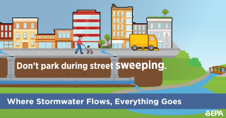 A street sweeper is going down a street. There are no cars, only a man and child walking. Clear water flows down the storm drain into the nearby stream.