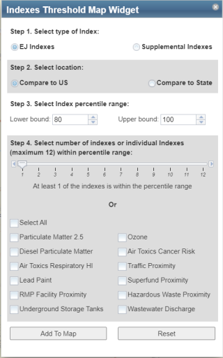 Screenshot of the Indexes Threshold Map Widget