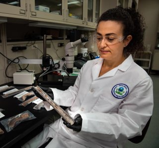 An EPA research engineer sitting in lab next to bench top with samples of lead service lines