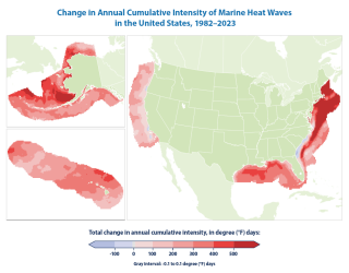 Change in Annual Cumulative Intensity of Marine Heat Waves in the United States, 1982–2023 