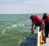 Two EPA scientists collecting water samples of Lake Erie from a boat.