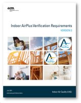 Cover of the Indoor AirPlus V2 with Mother reading to child, new logos, grandparents sitting on couch, boys jumping on  bunkbed, and frame of new home under construction.